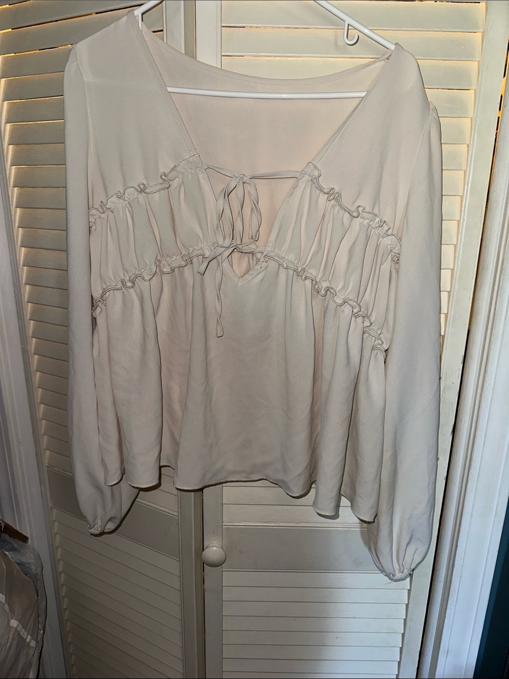 SHEIN Cream Ruffle Tie-Front Peasant Blouse